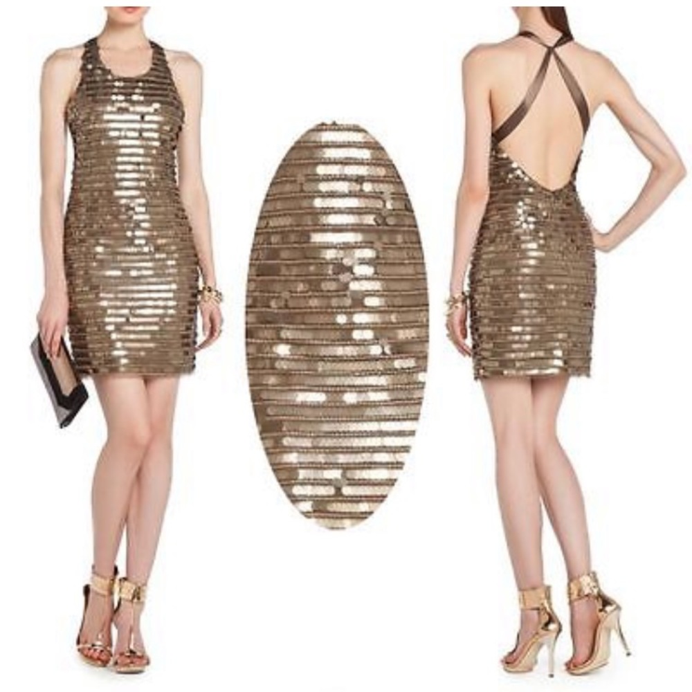 EUC BCBGMaxAzria Bronze Backless Sequin Dress - S